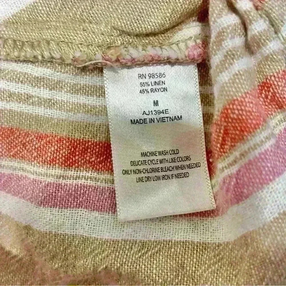 Ava James Linen Blend Short Sleeve Button Shirt Striped Drawstring Top Size M - Picture 5 of 6